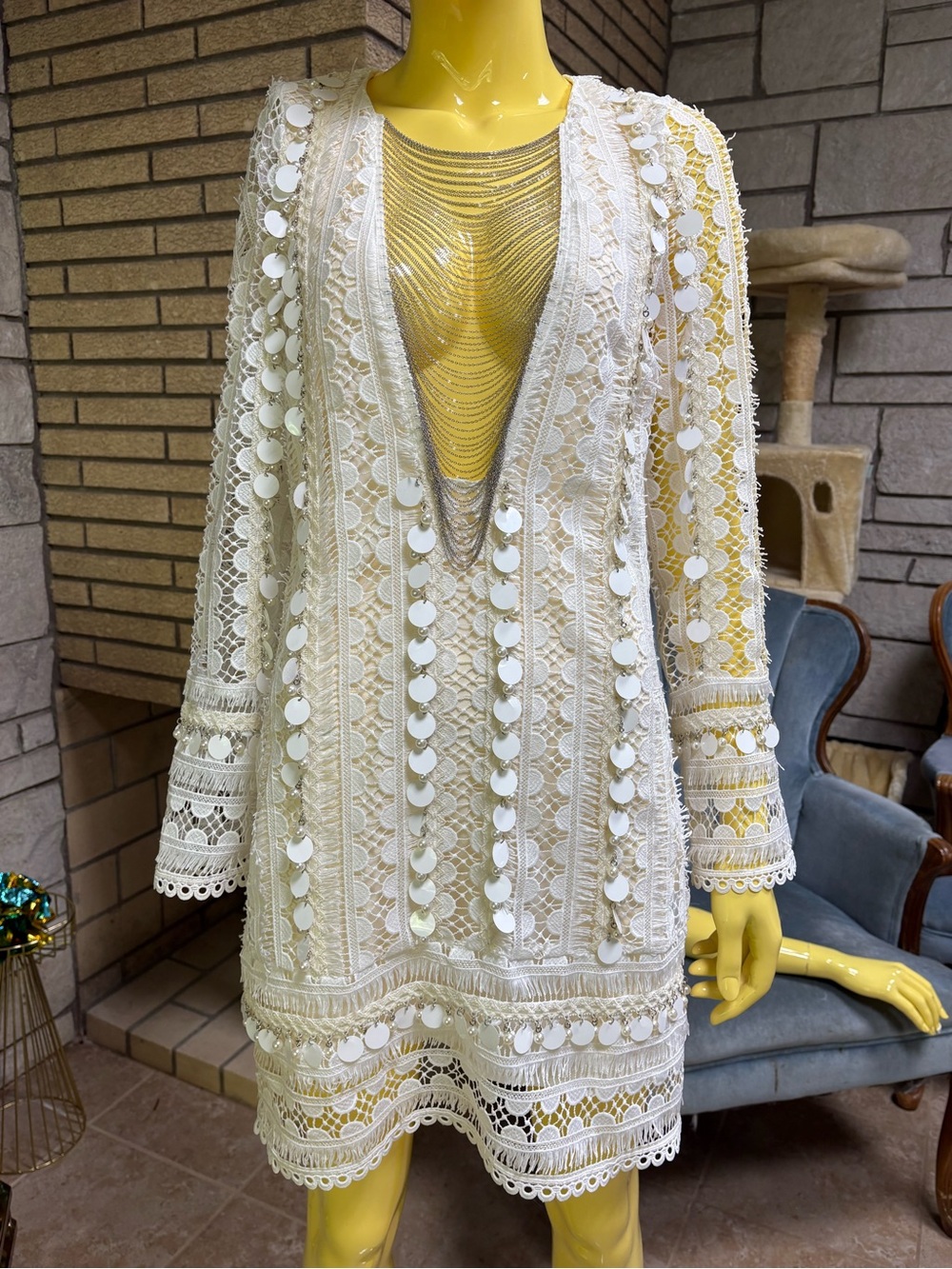 White ASOS beaded plunge neck dress